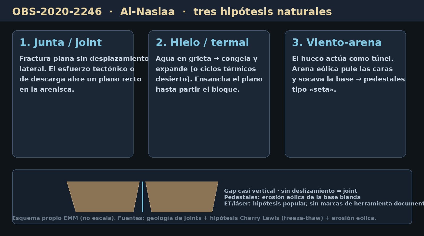 Al Naslaa: la roca del corte imposible en Tayma 3 Esquema Al-Naslaa: junta geológica, freeze-thaw y erosión eólica como hipótesis naturales del corte