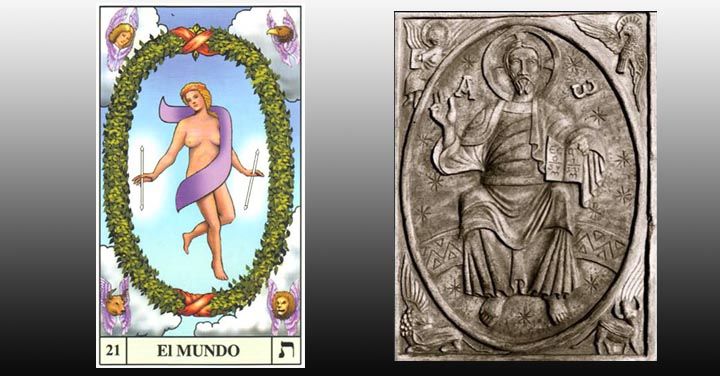Carta El Mundo del Tarot vs Pantocrátor de la Iglesia Católica