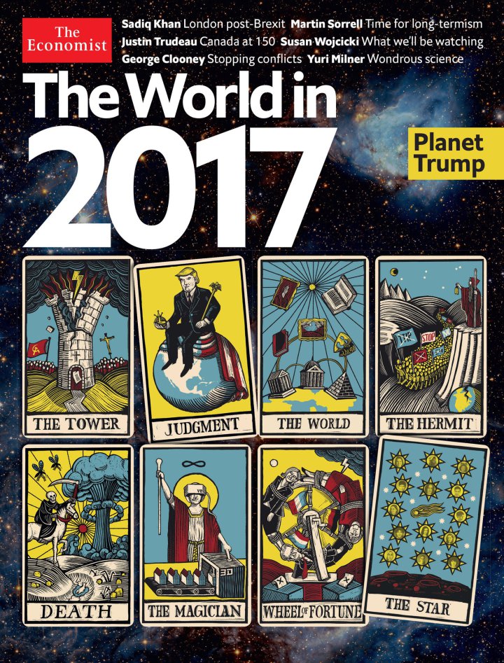 Portada de la revista The Economist 2017 con cartas de tarot modificadas