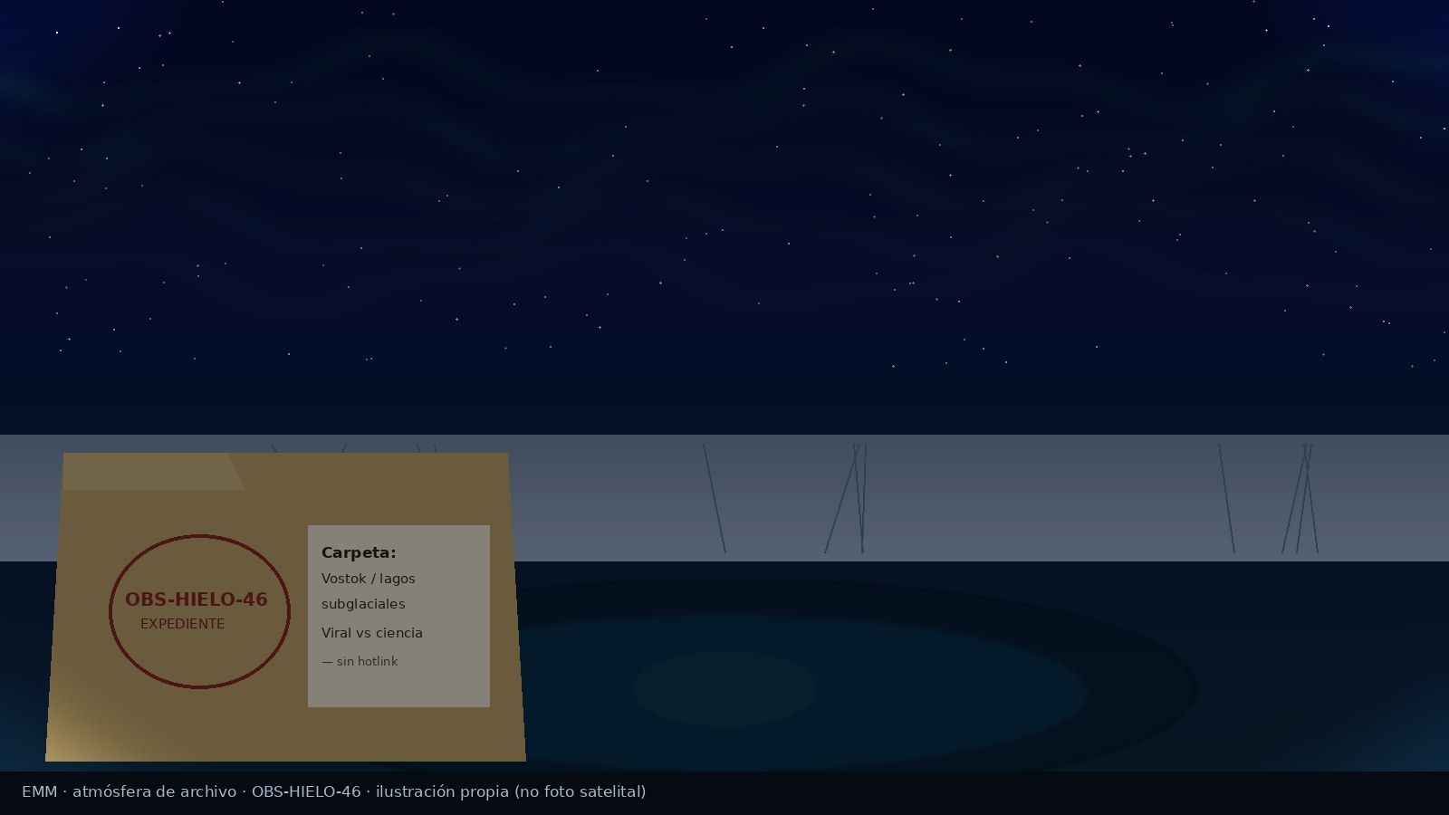 6 descubrimientos bajo el hielo: virus, Virgen Gélida, Ötzi y más 2 Ilustración atmosférica EMM: capa de hielo, carpeta manila y sello de expediente bajo aurora polar