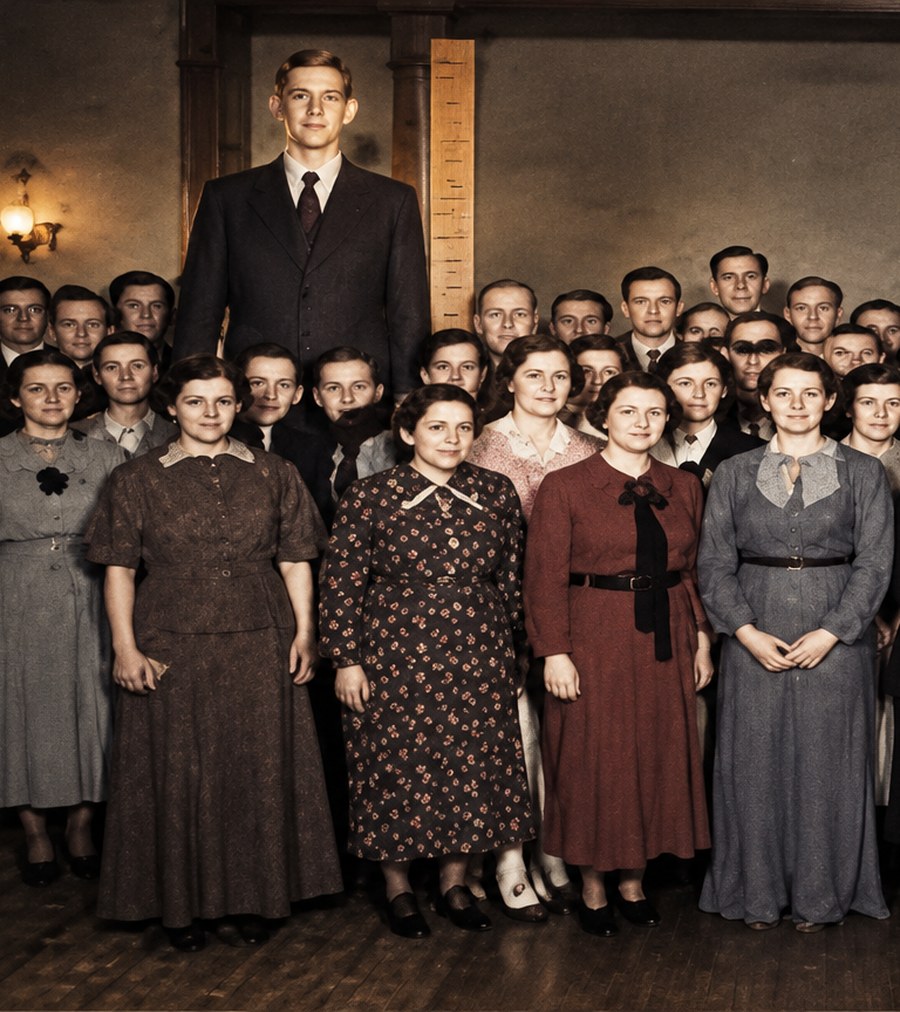 Robert Wadlow en escala con grupo — el hombre más alto del mundo
