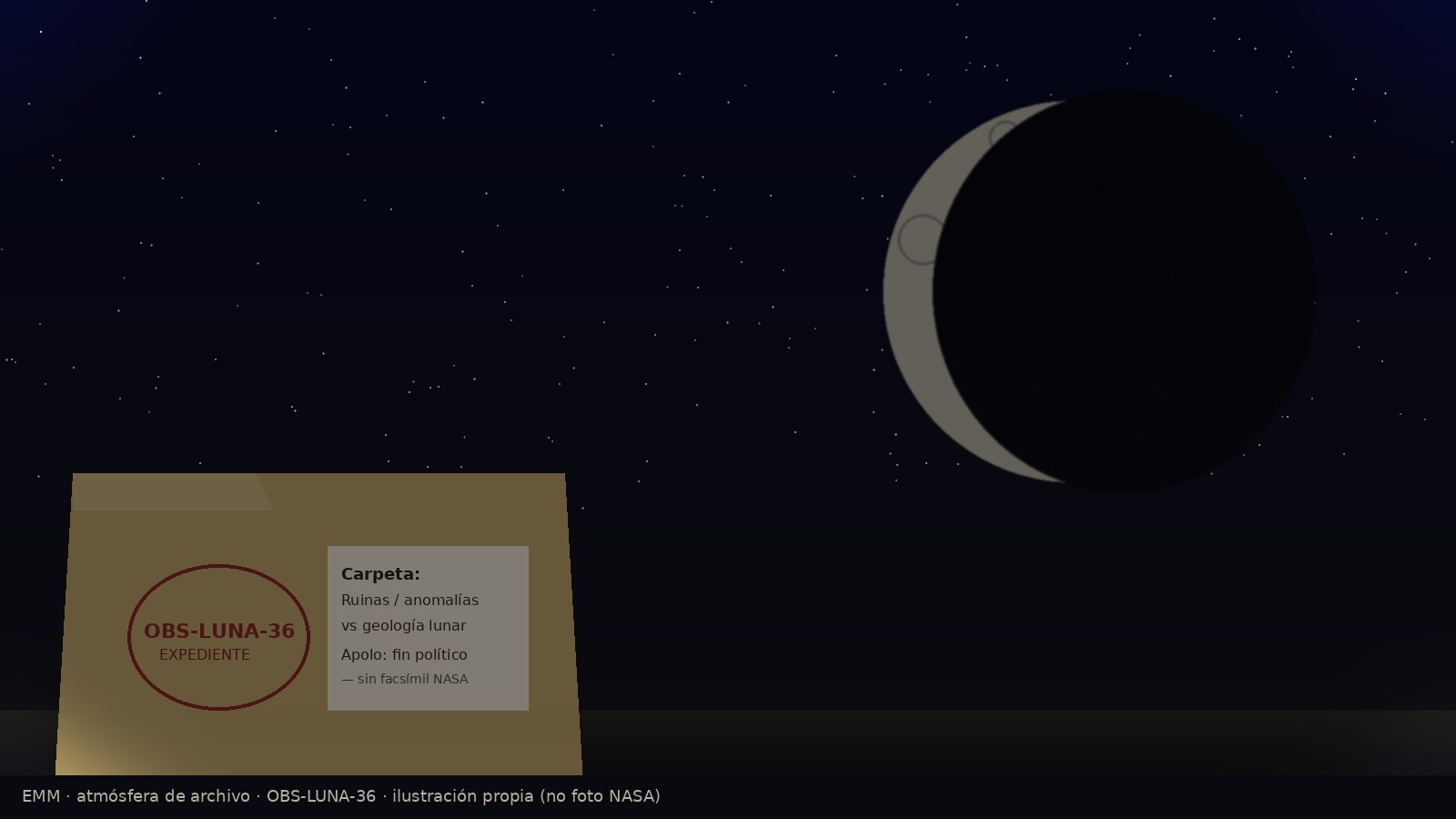 Ilustración atmosférica EMM: luna creciente, carpeta manila OBS-LUNA-36 y sello de expediente, sin foto NASA real