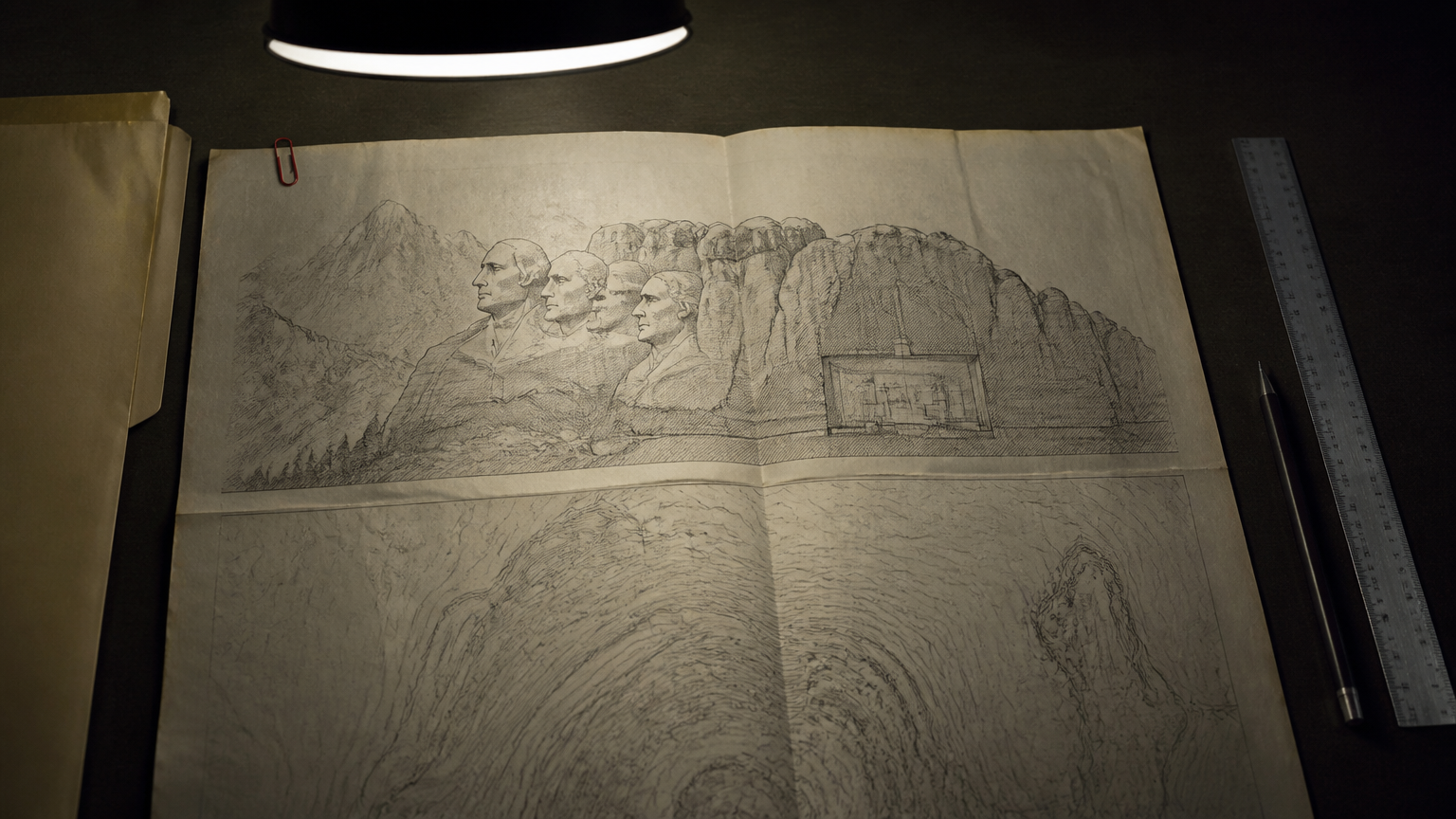 ¿Puedes entrar a la cámara secreta del Monte Rushmore? 2 Esquema del Hall of Records: plano de Borglum versus túnel real de 70 pies detrás de Lincoln