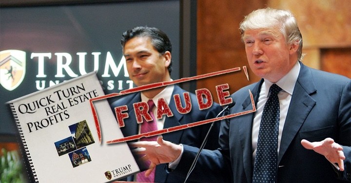 Oscuros Secretos de Donald Trump que Podrían quitarle la Presidencia 3 Trump University — material promocional y sello de fraude en archivo OBS-558